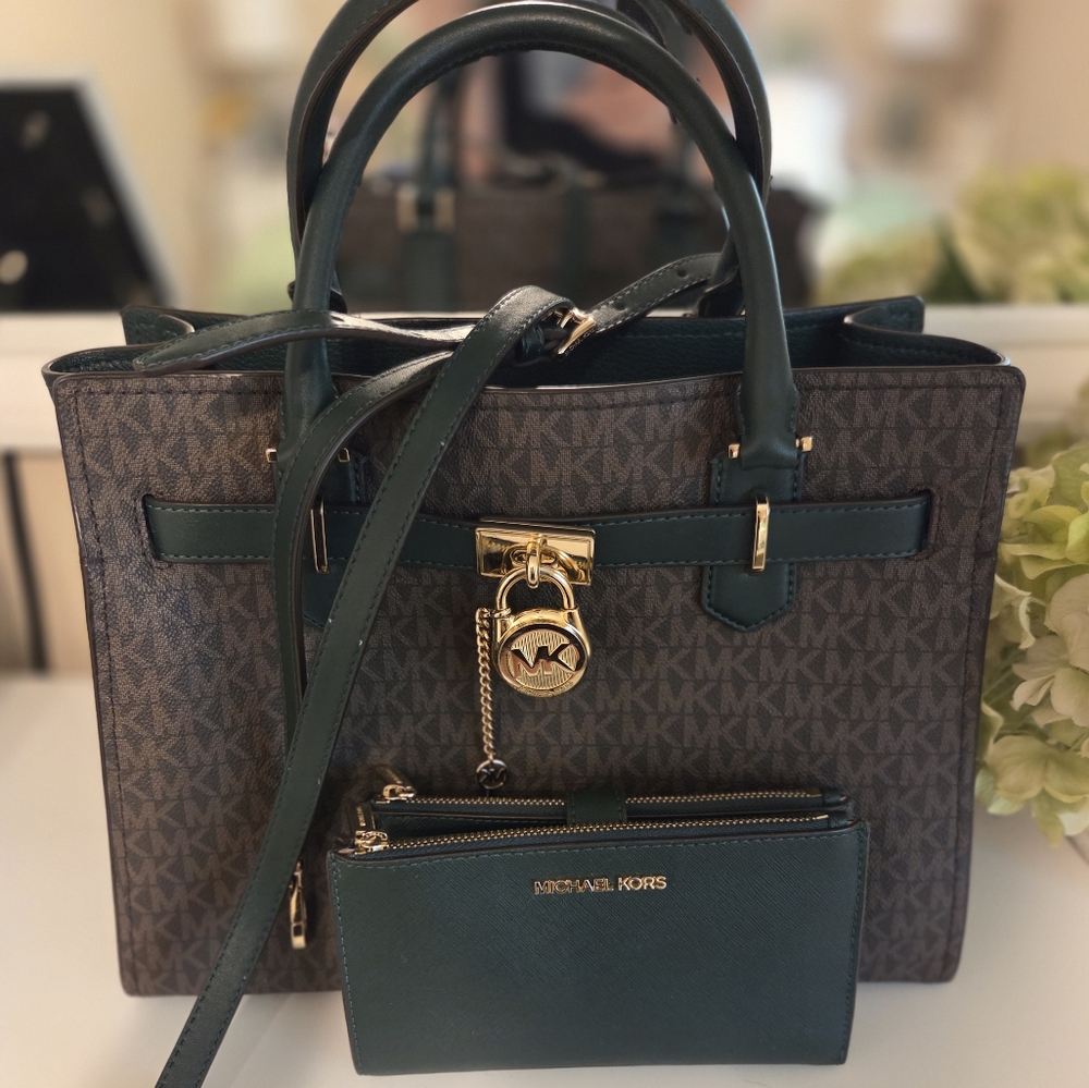 Michael Kors Brown and Green Satchel with Gold Accents and Matching Wallet